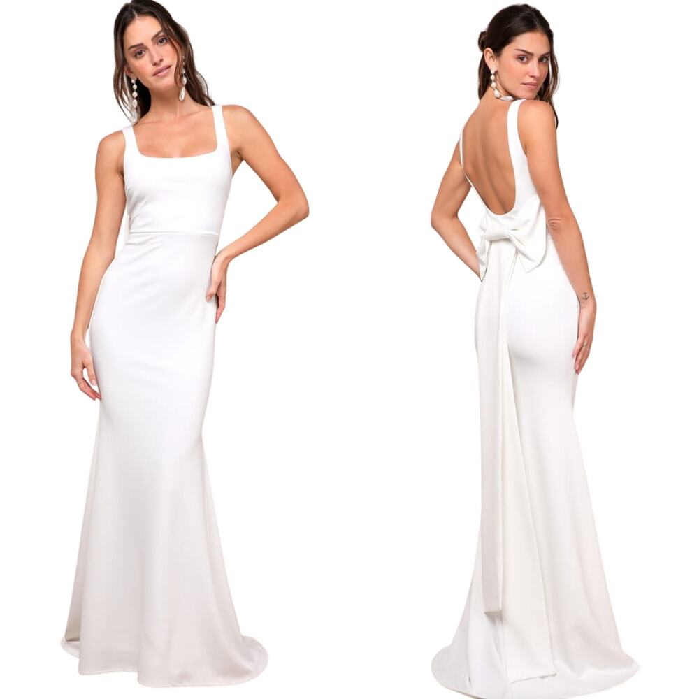 Lulus Loving Fate White Bow Square Neck Backless Maxi Dress size M